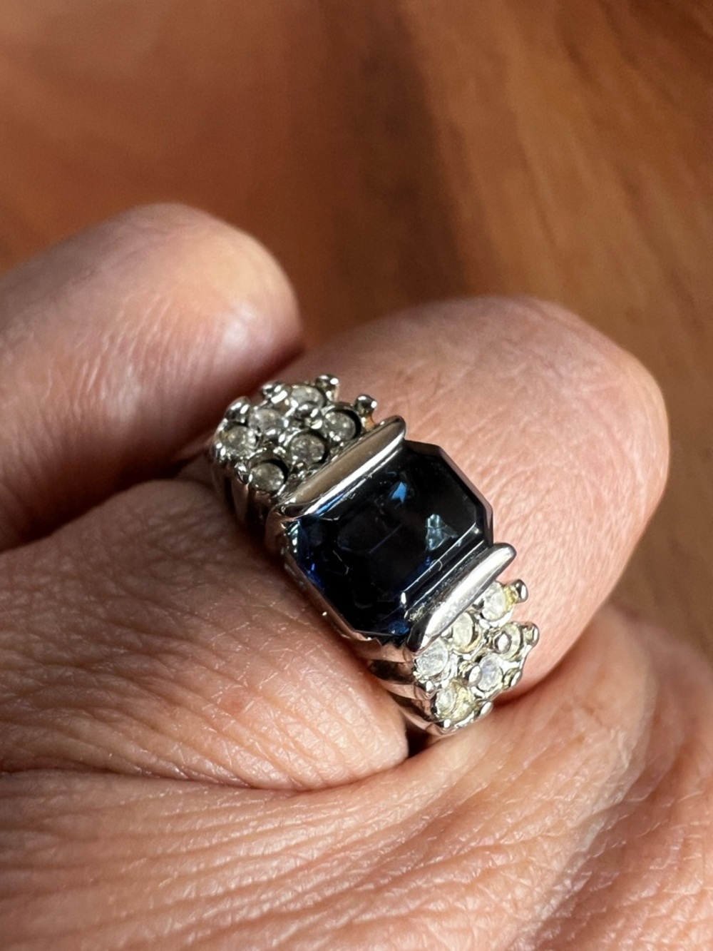 Silver Tone Blue Sapphire CZ Cluster Ring Size 7 #711